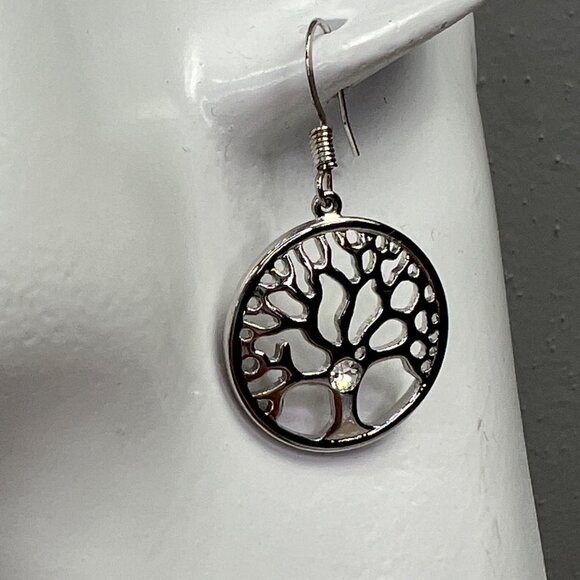 Tree of Life Dangle Earrings Silver Tone Rhinestone Accent Circle Shiny NWOT - Picture 4 of 7